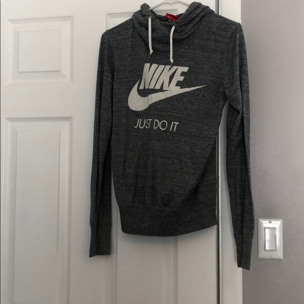 Grey hooded tight fitting sweatshirt